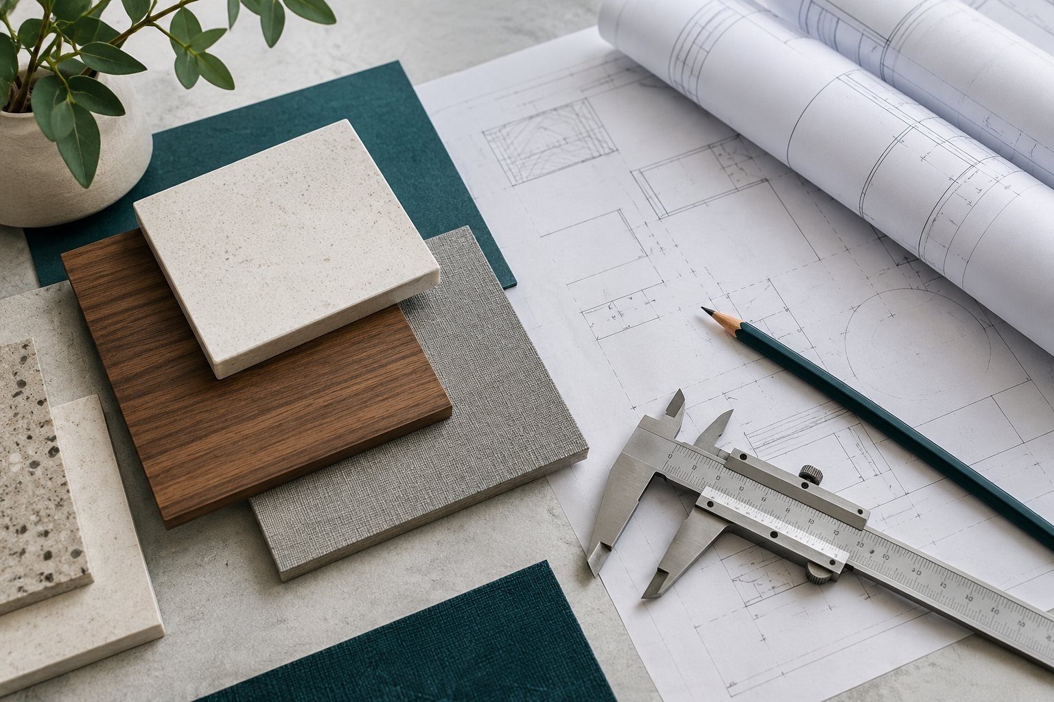 Illustrative project planning desk with samples, drawings and a caliper